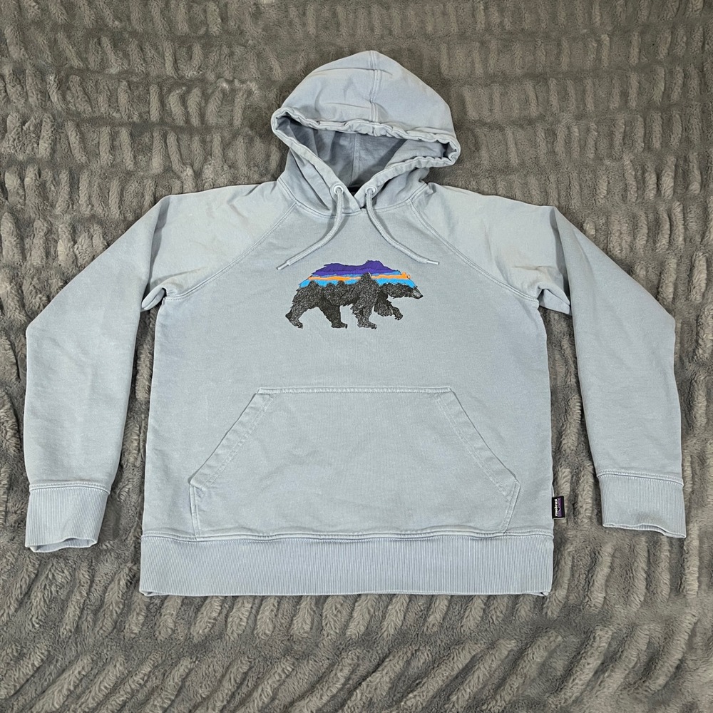 Patagonia Organic Cotton Fitz Roy Bear Pullover Hoodie Light Blue Small Stains